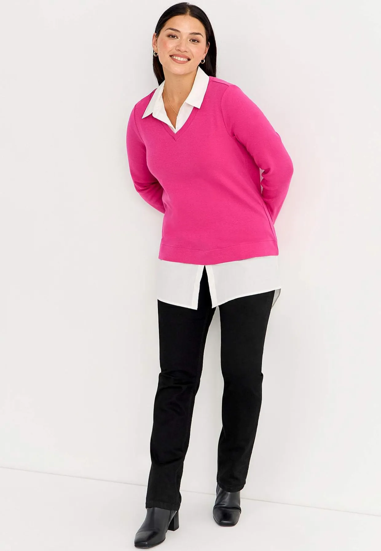 Jerseytop med syet skjorte krave