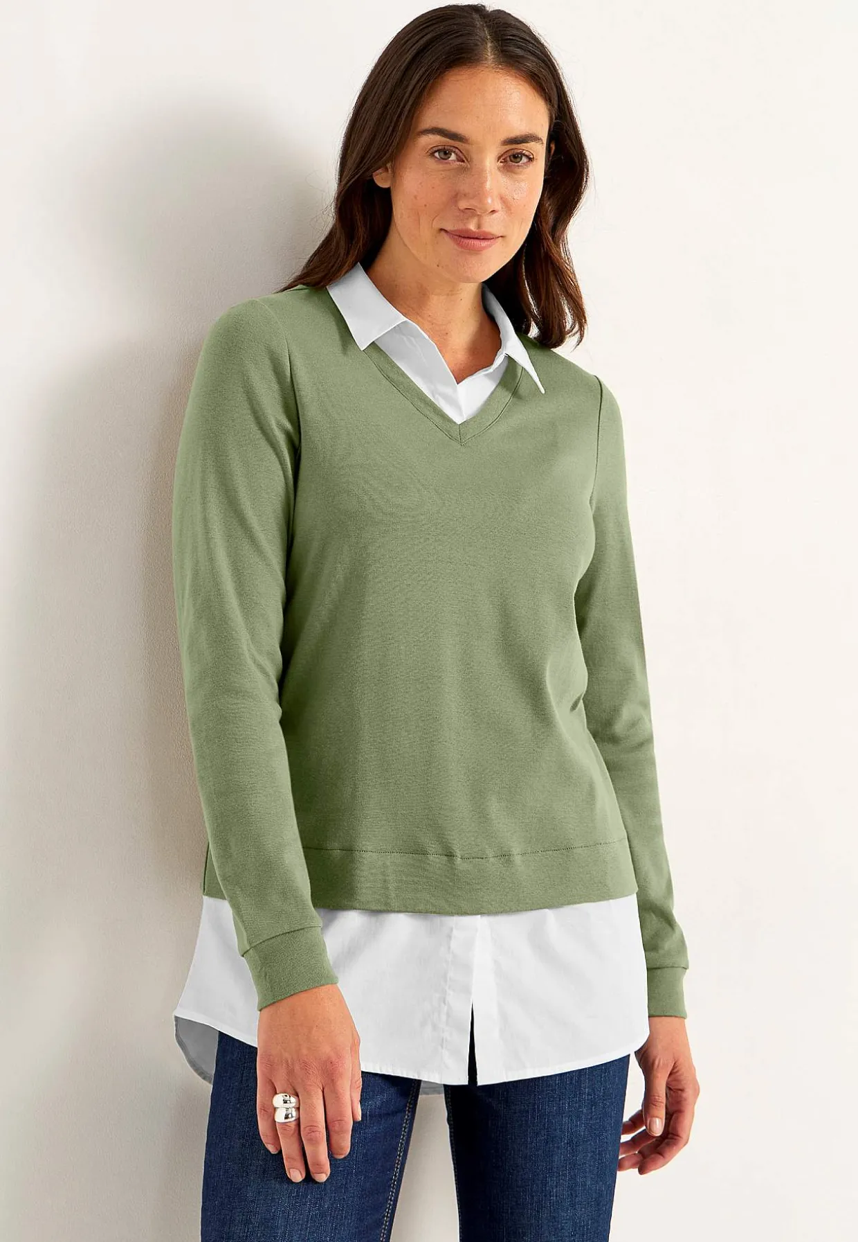 Jerseytop med syet skjorte krave