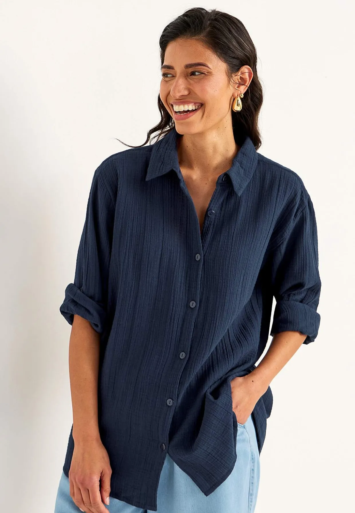 Lang skjorte i rynket bomuld